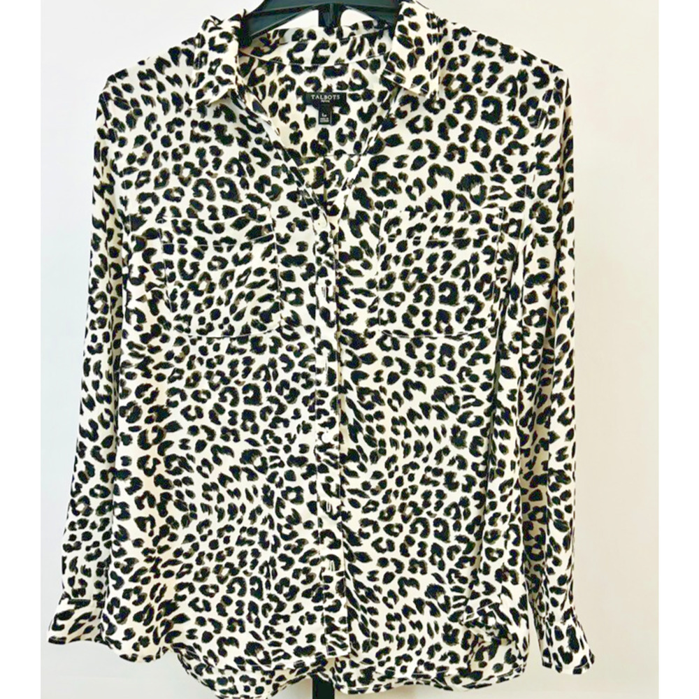 Talbots Women’s Leopard Print Blouse Shirt Size L Petite Long Sleeve